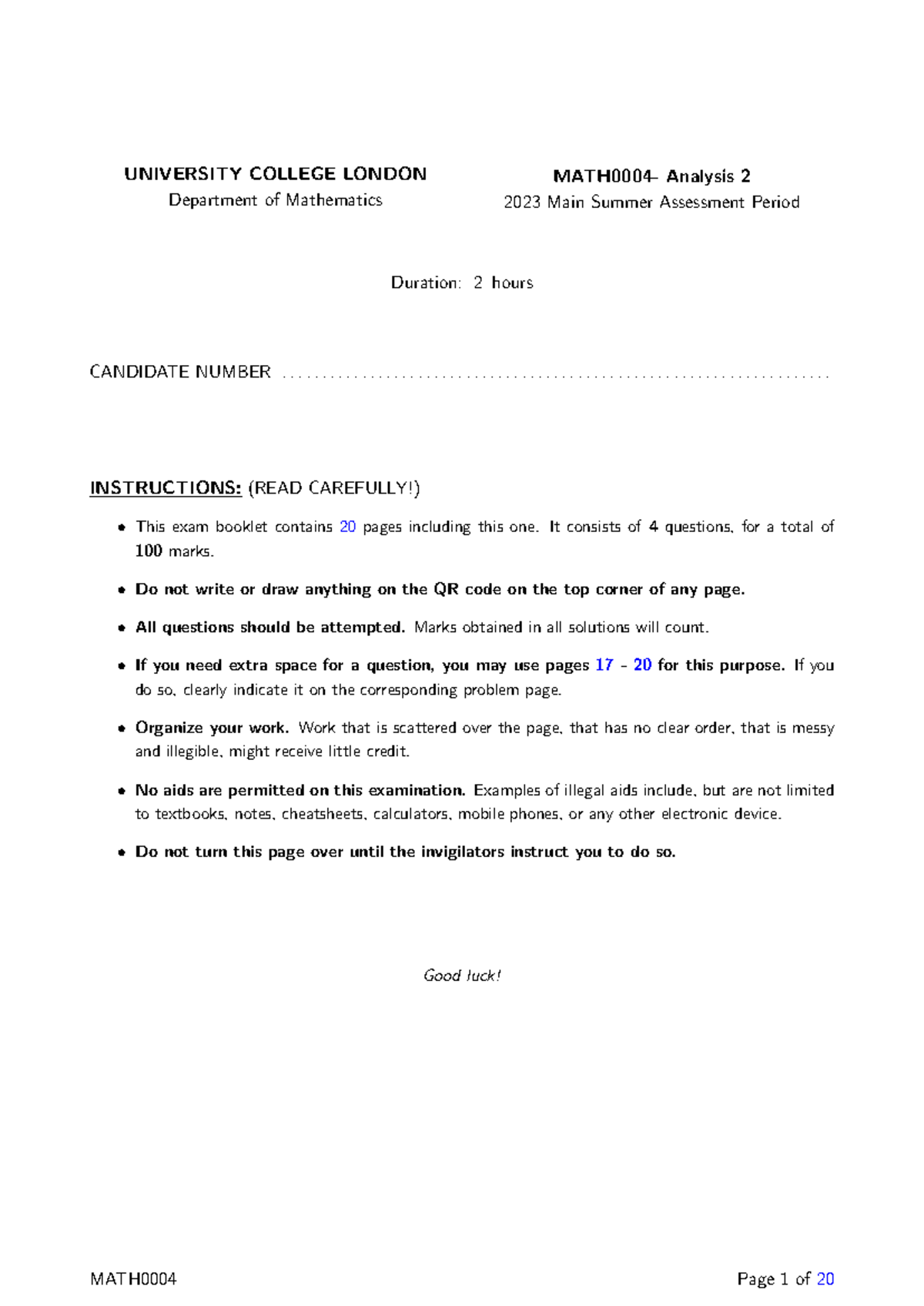 Analysis 2 - UCL 2023 Main Summer Exam Paper - Studocu