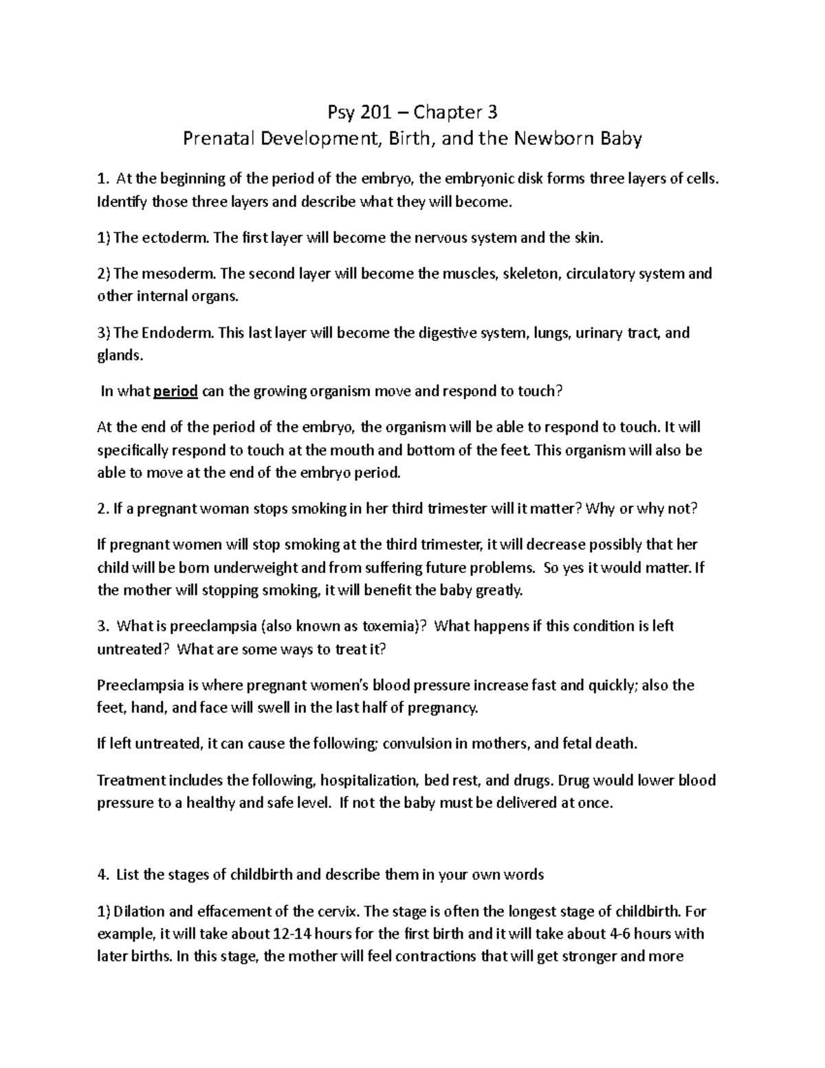 Psy 201 - Chapter 3 Study Guide: Prenatal Development & Birth Process ...