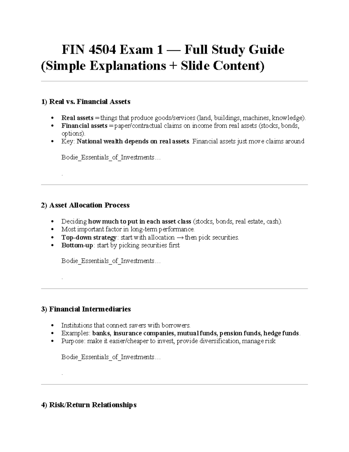 FIN 4504 Exam 1 Comprehensive Study Notes and Key Concepts - Studocu