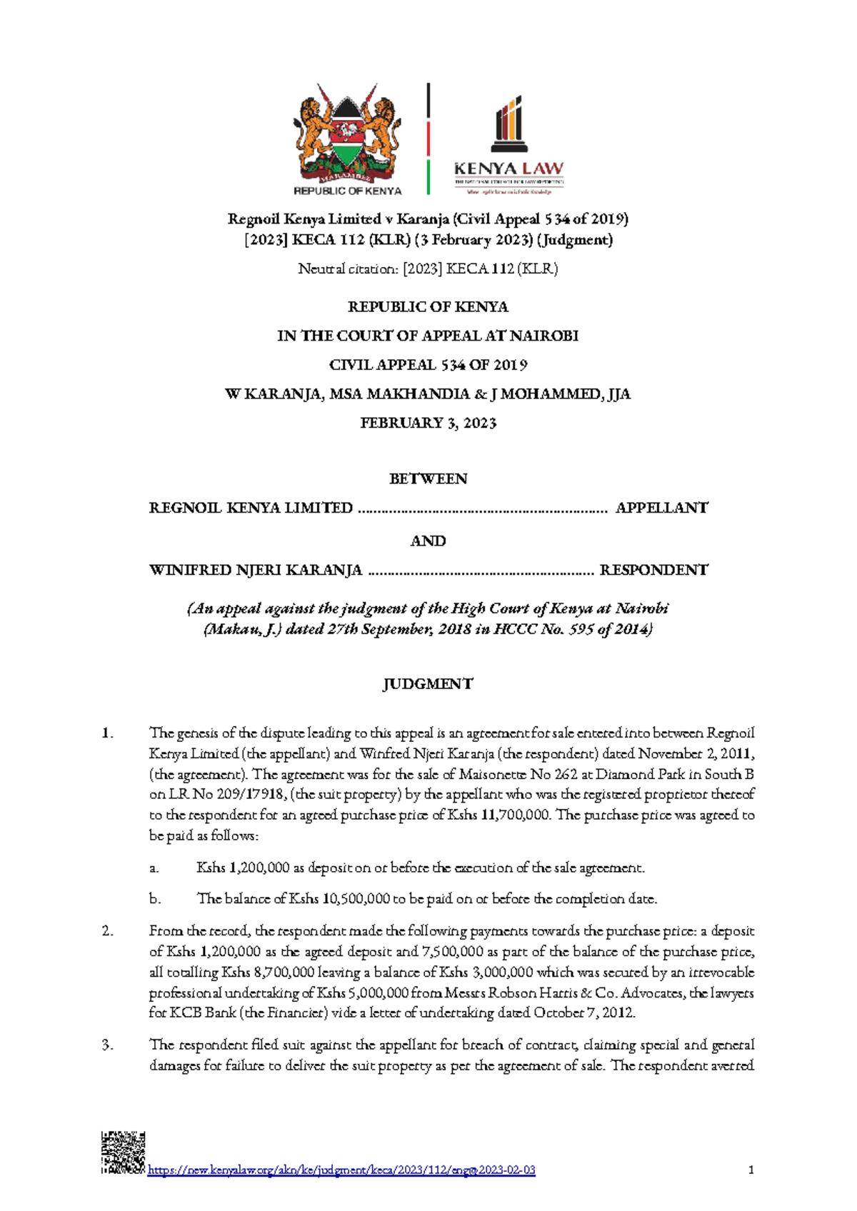Regnoil Kenya Ltd v Karanja (Civil Appeal 534/2019) KECA 112 (Judgment ...