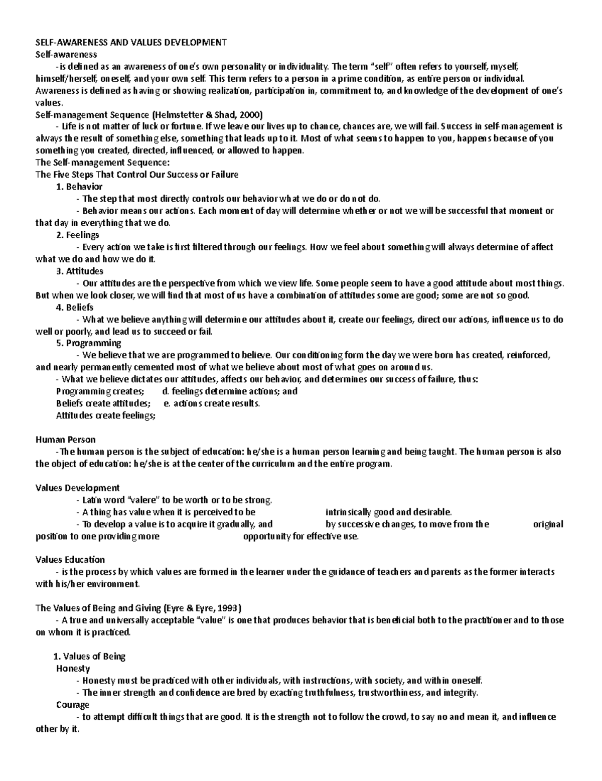 NSTP-CWTS Self-Awareness and Values Development Notes - Studocu