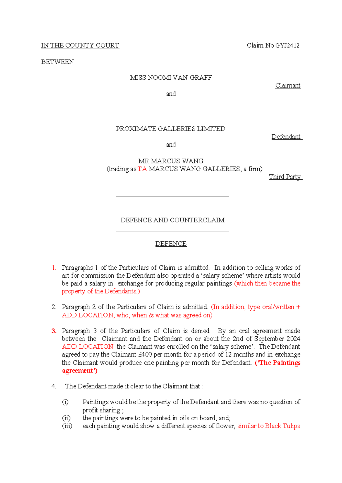 Counterclaim Defence - Claim No GYJ2412: Van Graff vs Proximate ...