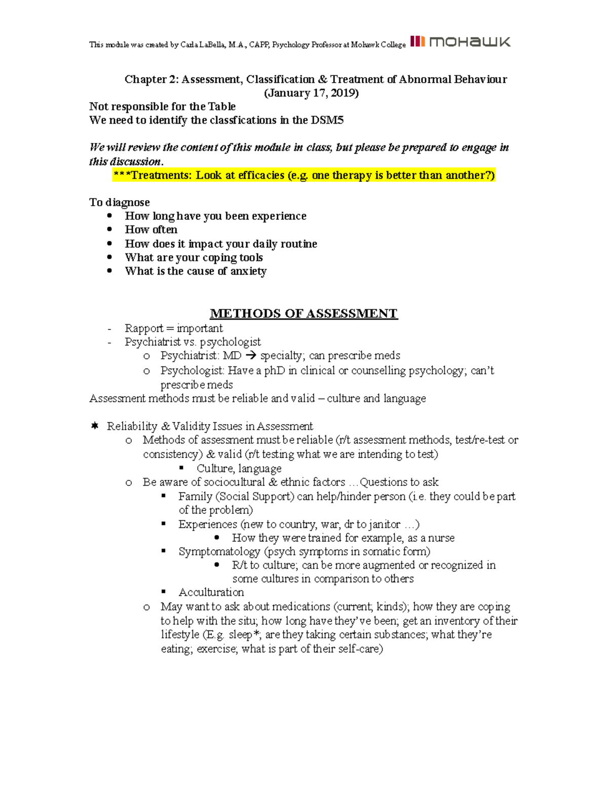 Chapter 2 - Assessment Class and Treatment - Abnormal Psych - Chapter 2 ...