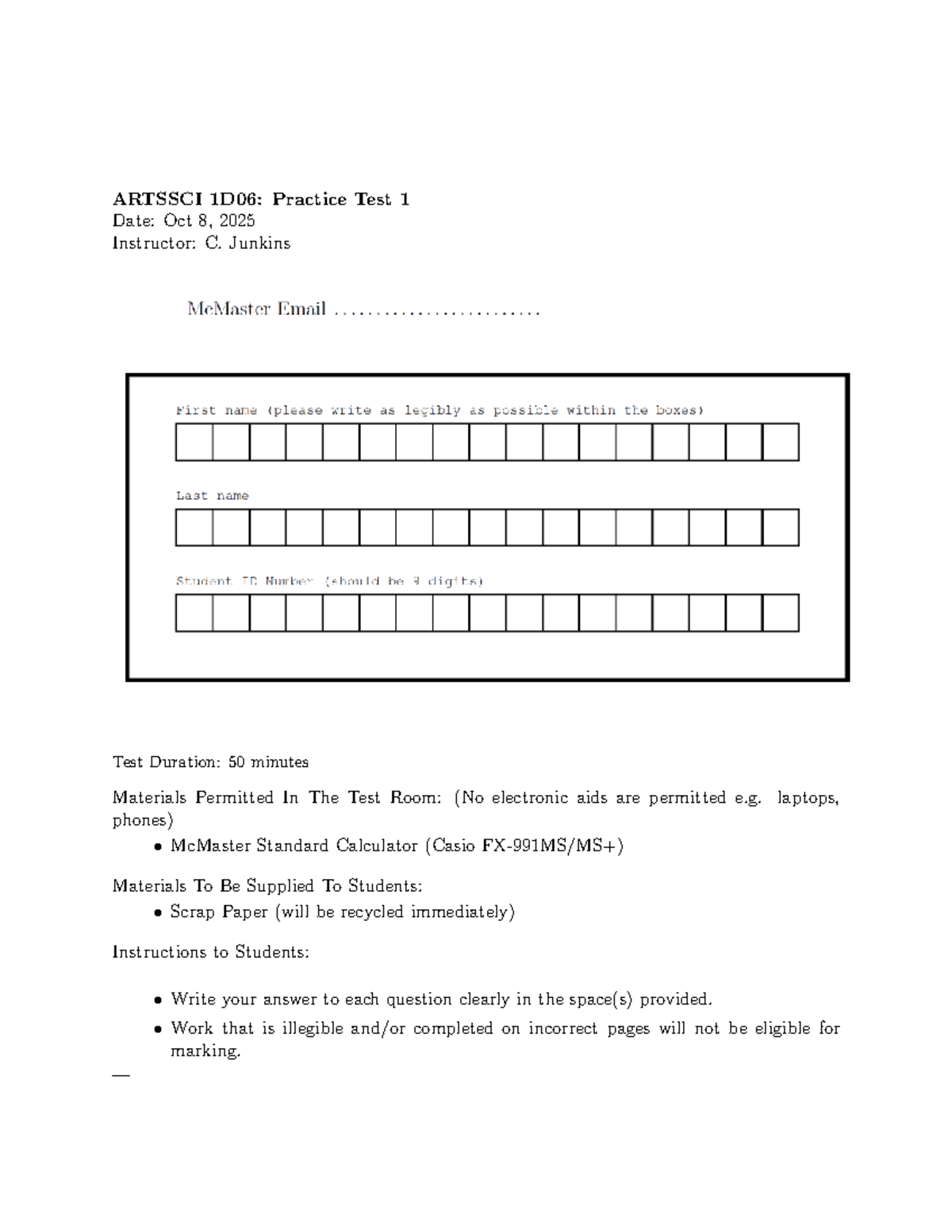 ARTSSCI 1D06: CALC Practice Test 1 - Oct 8, 2025 - Studocu