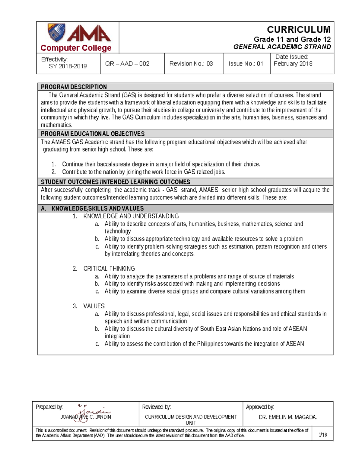 Amacc Grade 11-12 GAS Curriculum Overview: SY 2018 Revision No. 03 ...