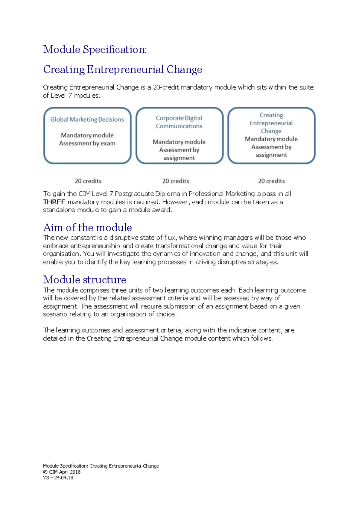 CIM Level 7 Module Specification: Creating Entrepreneurial Change - Studocu