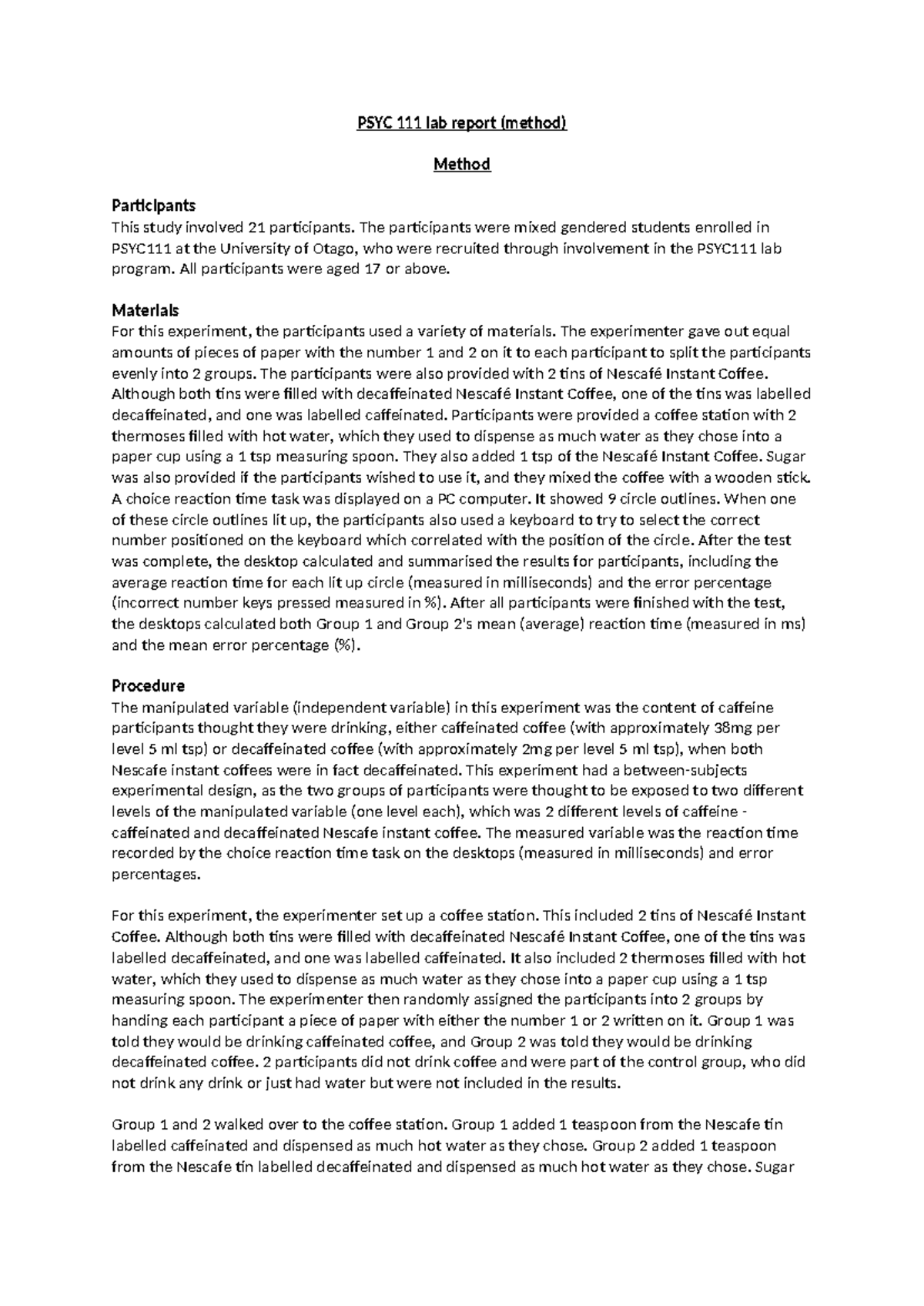 PSYC 111 Lab Report: Methodology of Caffeine Impact Study - Studocu