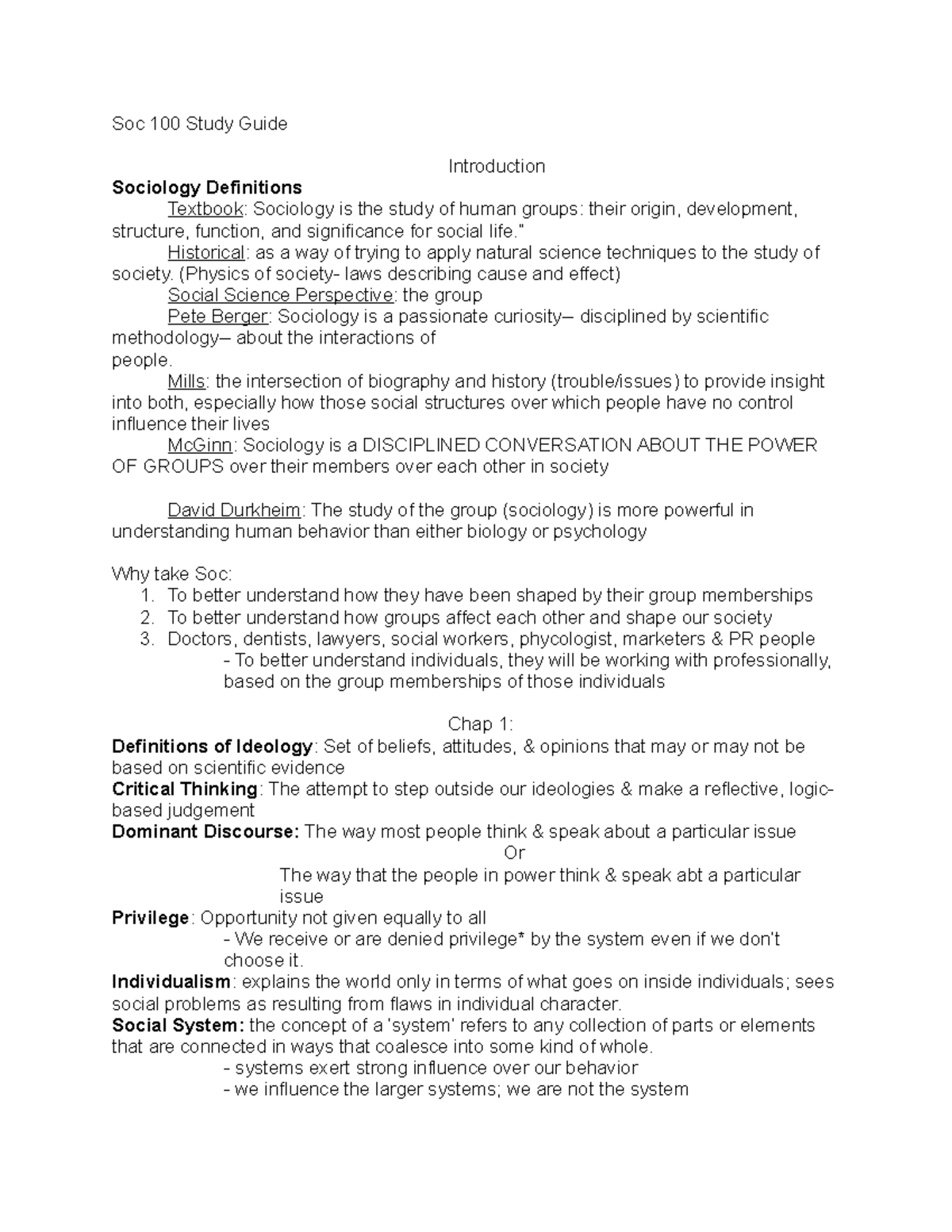 SOC 100 Study Guide: Key Concepts and Theories for Exam 1 - Studocu