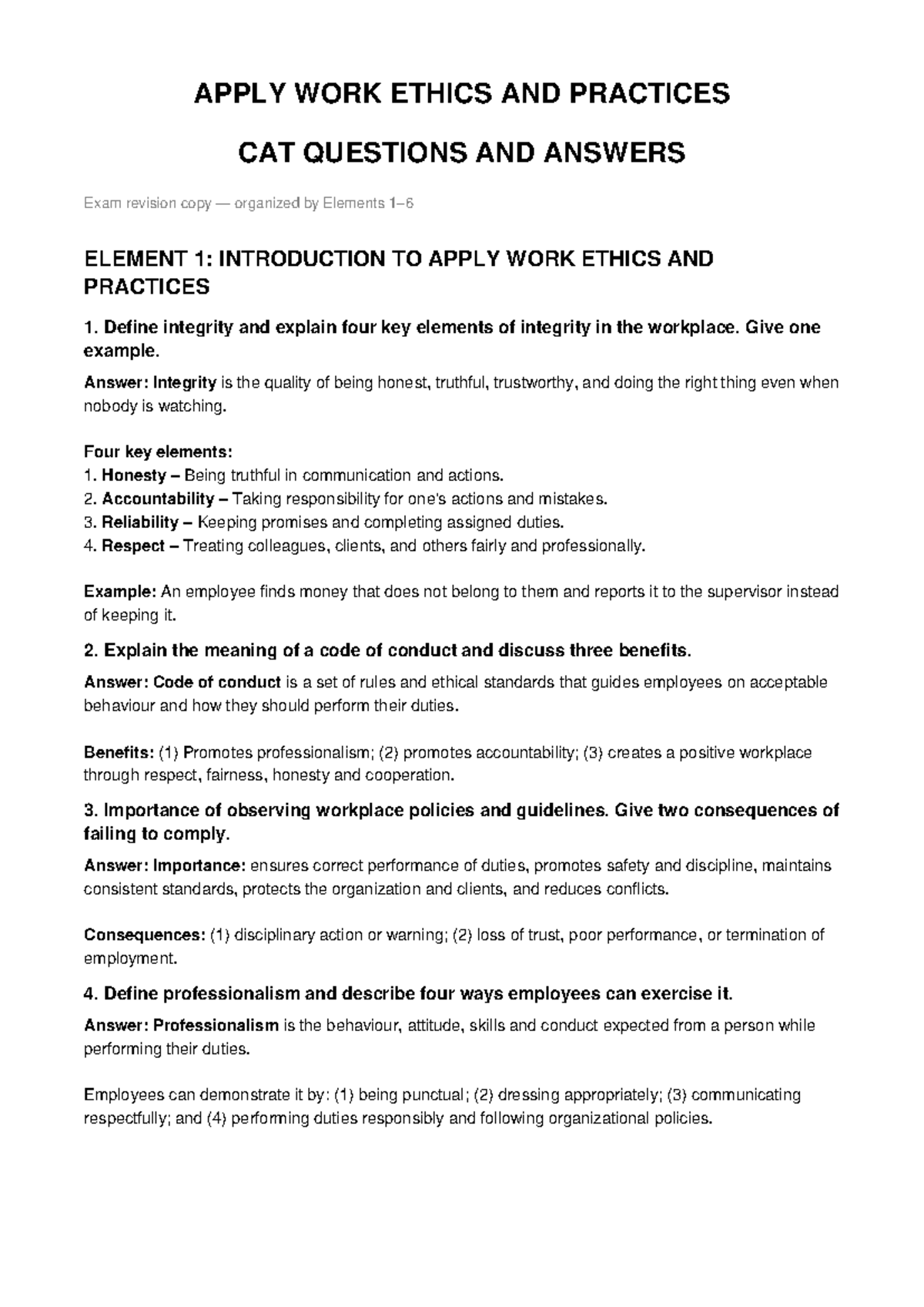 Apply Work Ethics and Practices CAT Exam Revision Notes - Studocu