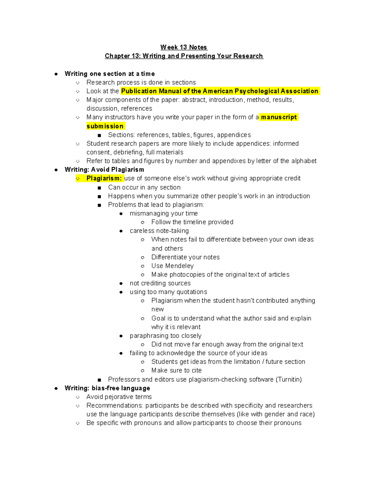 PSY 101: Week 13 Lecture Notes on Research Writing and Presentation ...