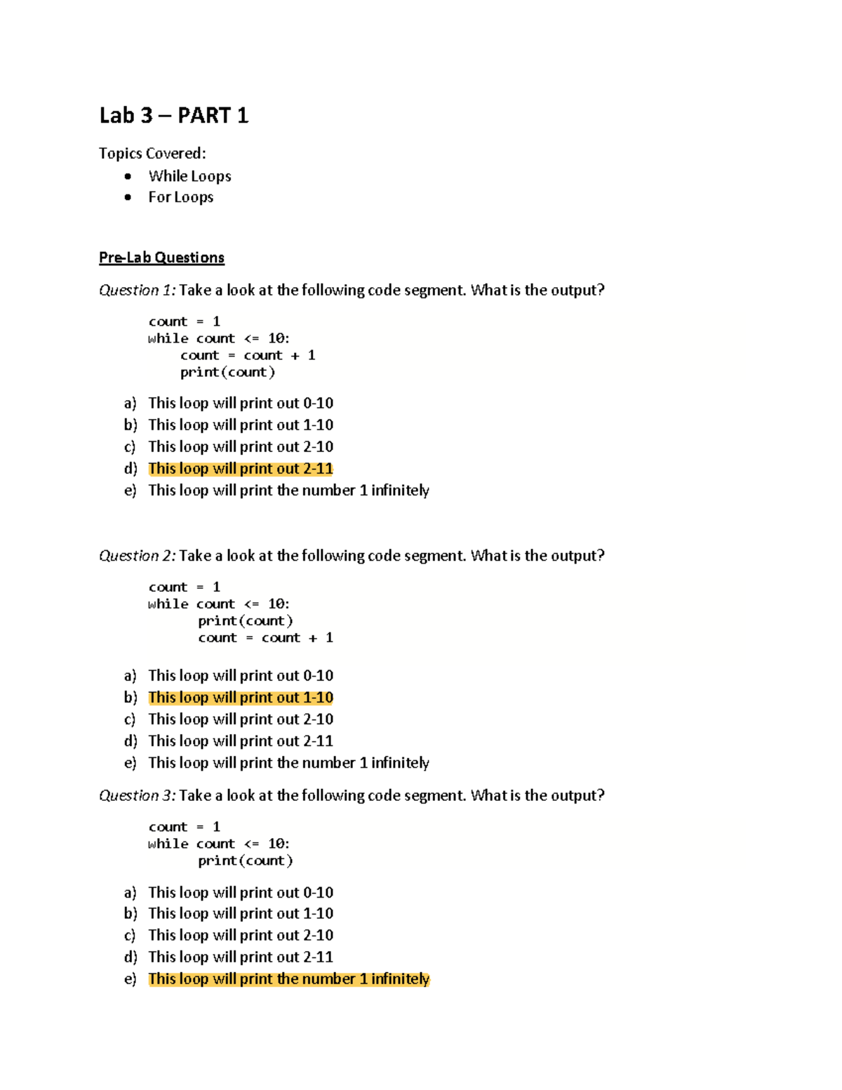 Lab 3: While & For Loops - Output Questions and Program Construction ...