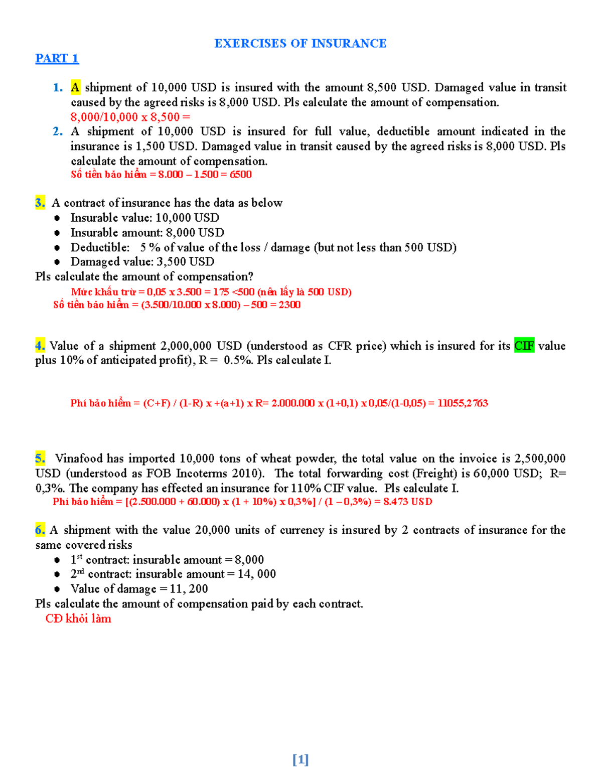 Exercises on Insurance Calculations - Part 1 (BTBH-ENGL) - Studocu
