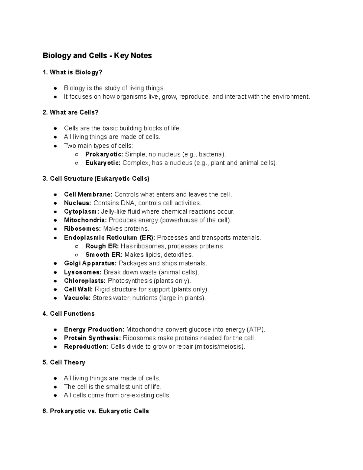 Biology 101 - Essential Notes on Cells and Their Functions - Studocu