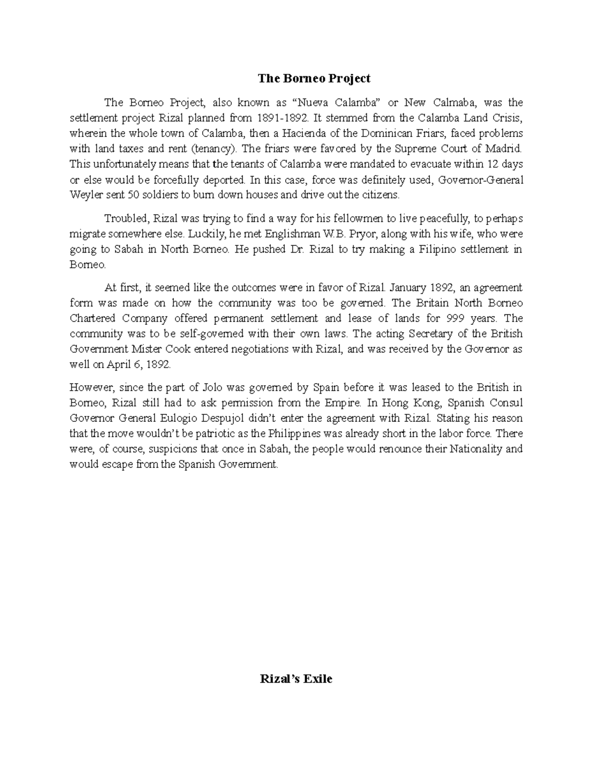 The Borneo Project & Rizal's Exile (Group 2 WR Notes) - Studocu