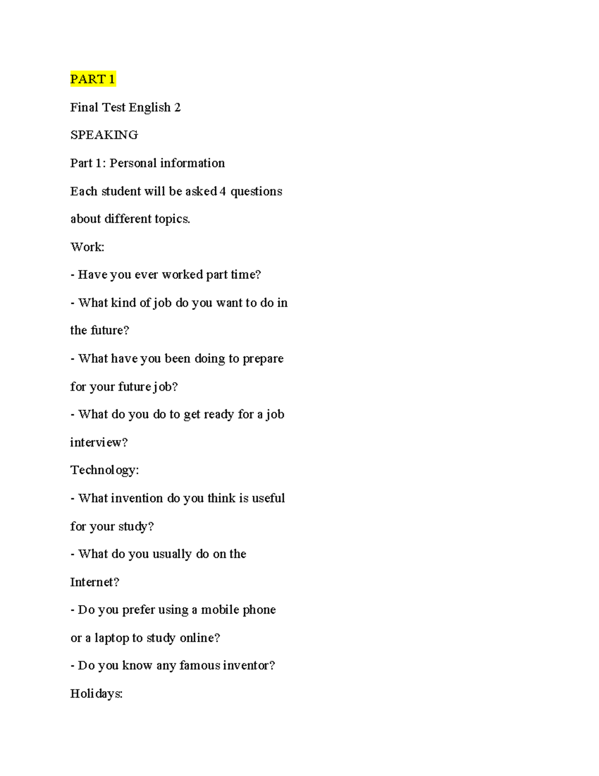 English 2 Final Test: Speaking Part 1 & 2 Guide - Studocu