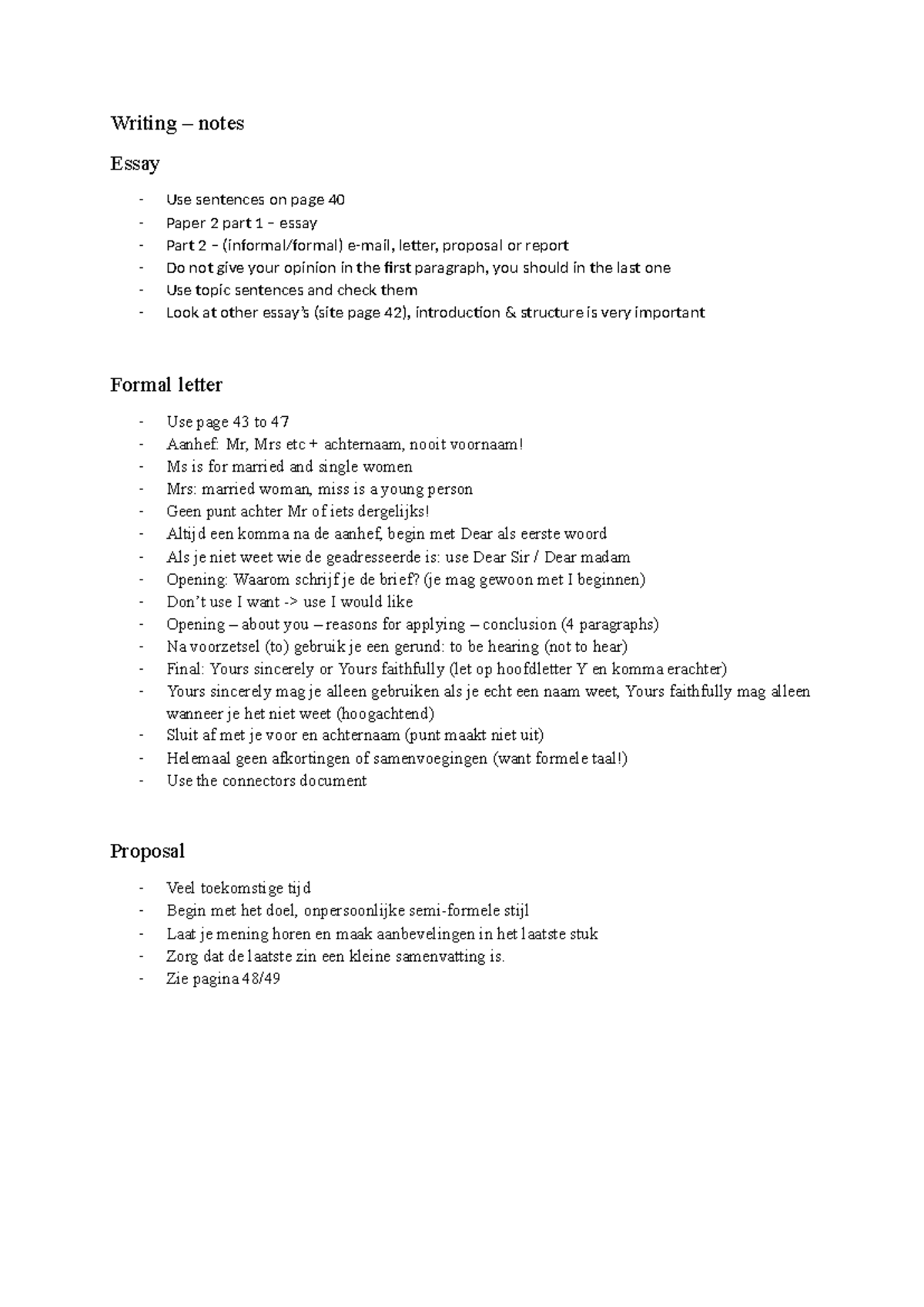 Writing Notes for Essay, Formal Letter & Proposal (ENG 101) - Studeersnel