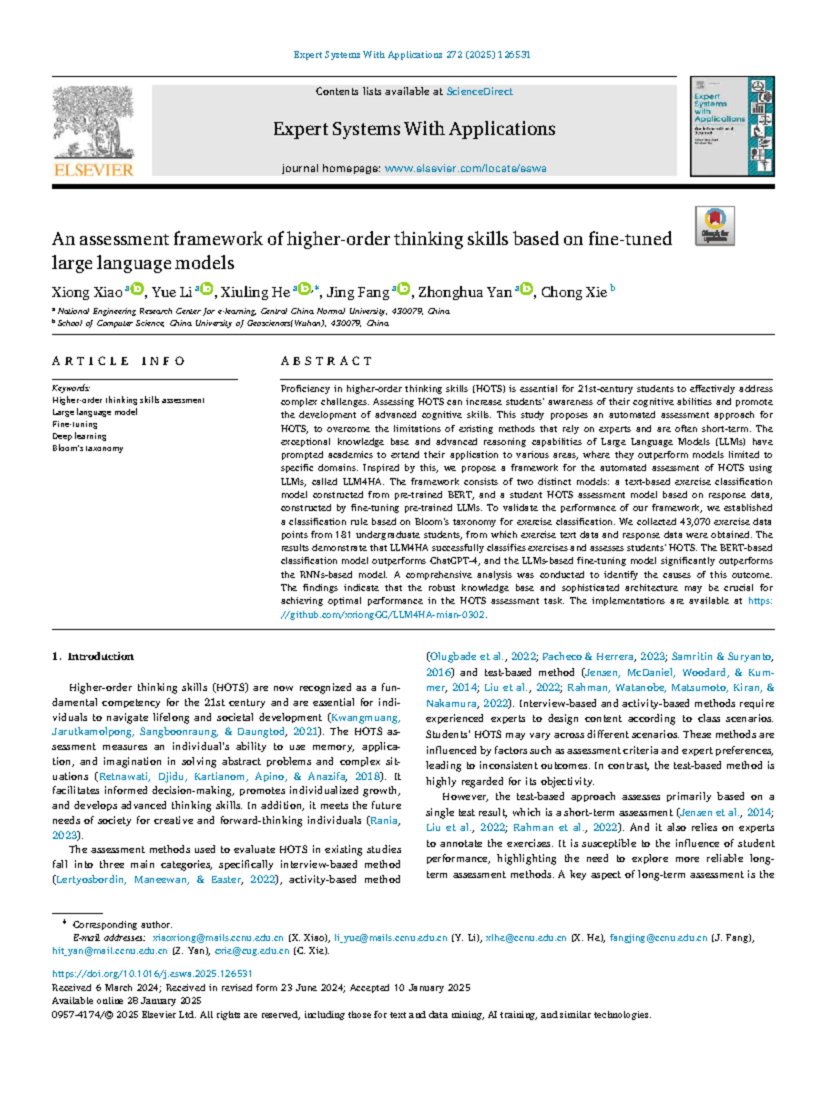 Assessment Framework for Higher Order Thinking Skills Using LLMs (CS ...