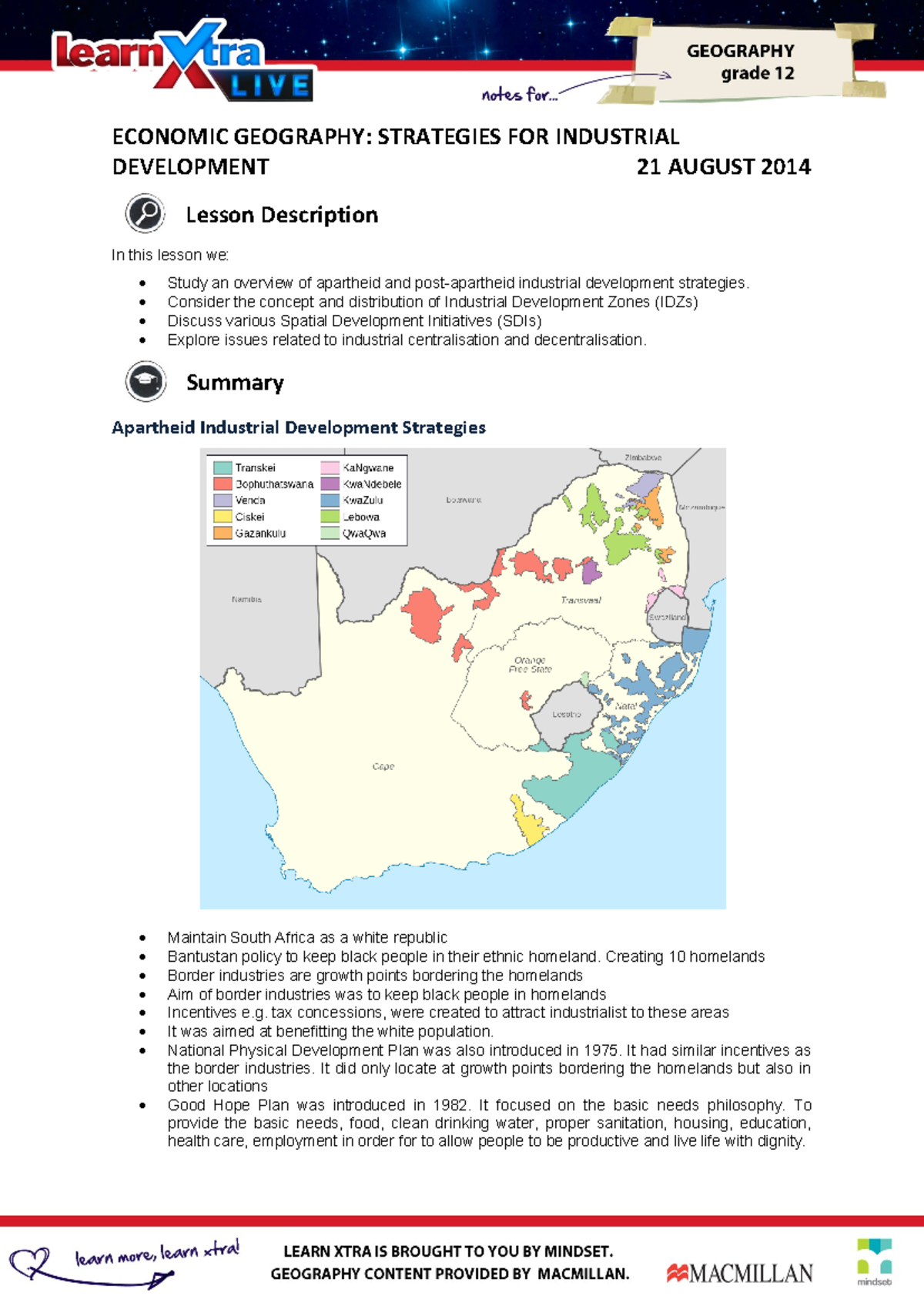 LXL Gr12 Geography Lesson: Econ Geography & Industrial Strategies (21 ...