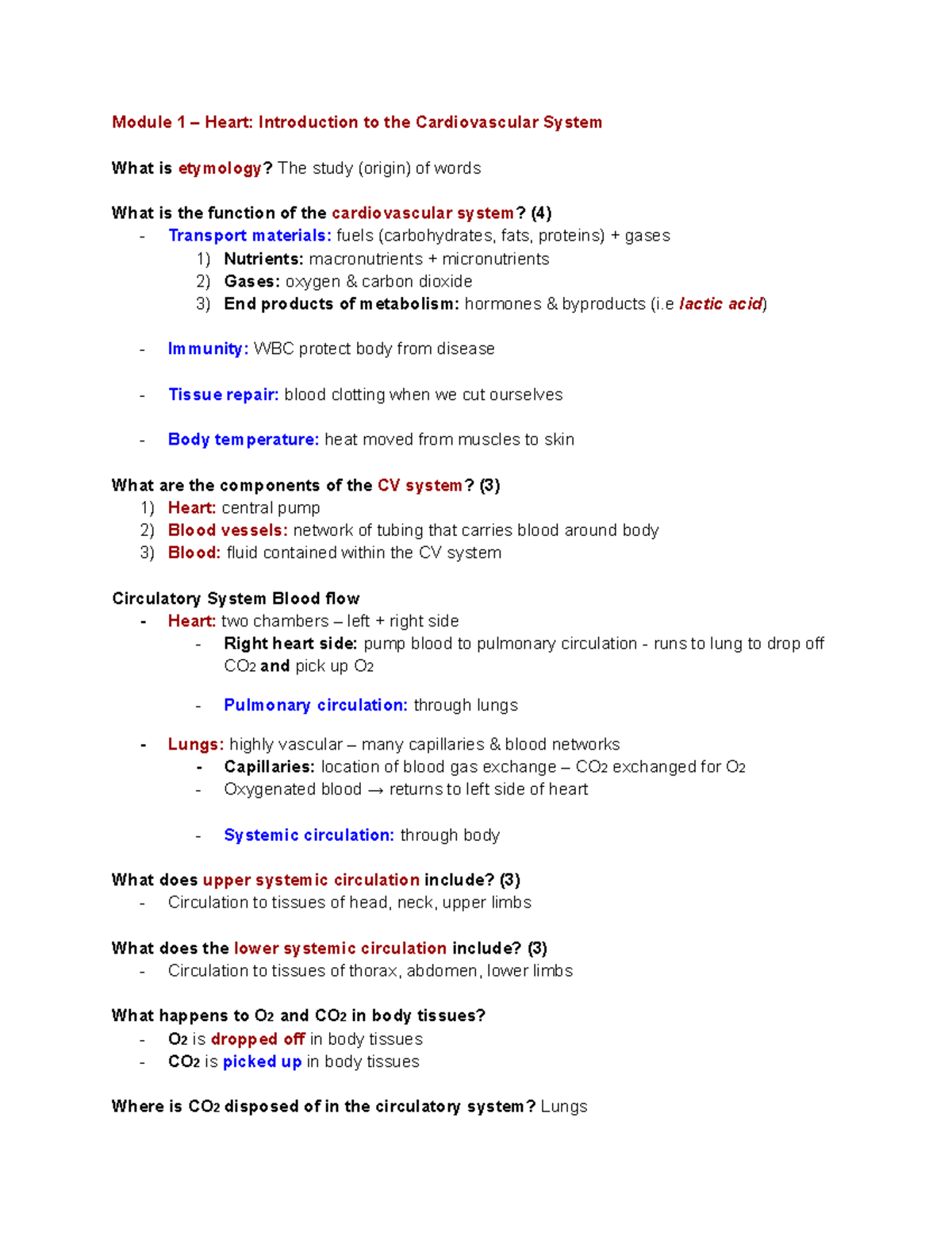 Module Notes 1-4: Cardiovascular System Overview and Heart Function ...