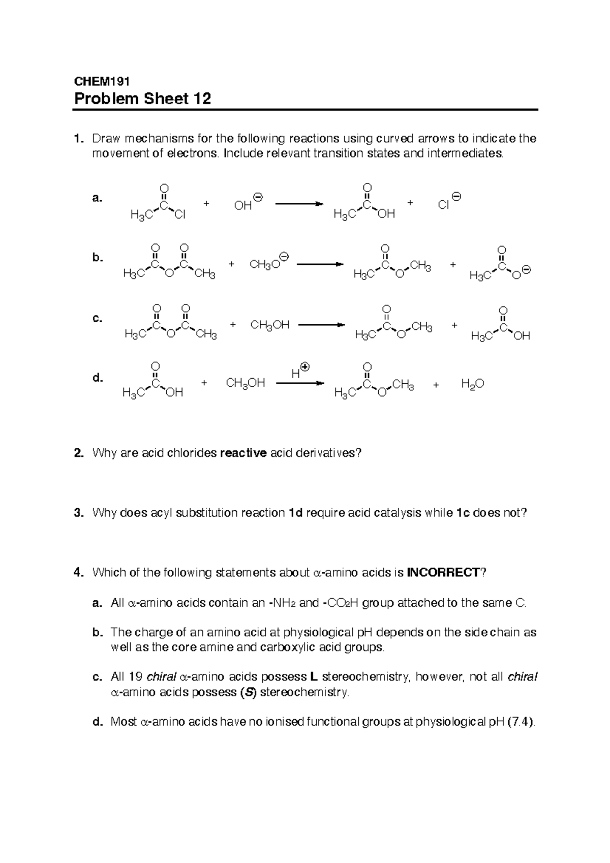 CHEM191 Problem Sheet 12: Reaction Mechanisms & Acid Derivatives - Studocu