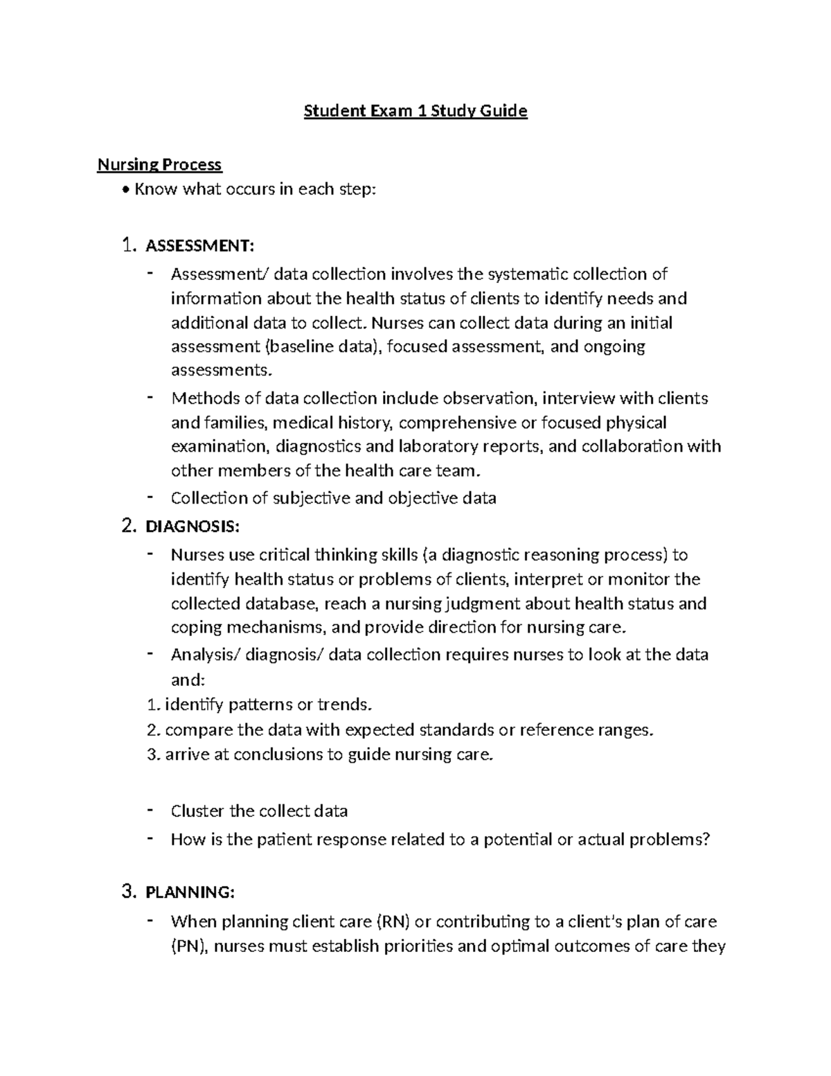NURS 101: Exam 1 Review Study Guide for Nursing Process & Assessment ...