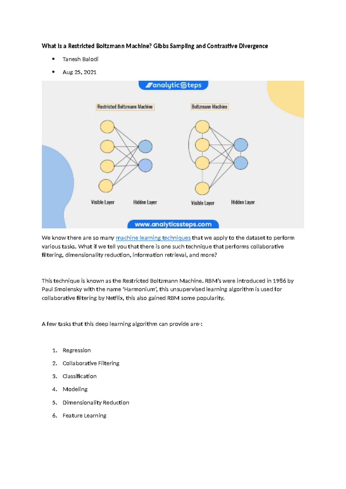 RBM Overview: Gibbs Sampling & Contrastive Divergence in ML Techniques ...