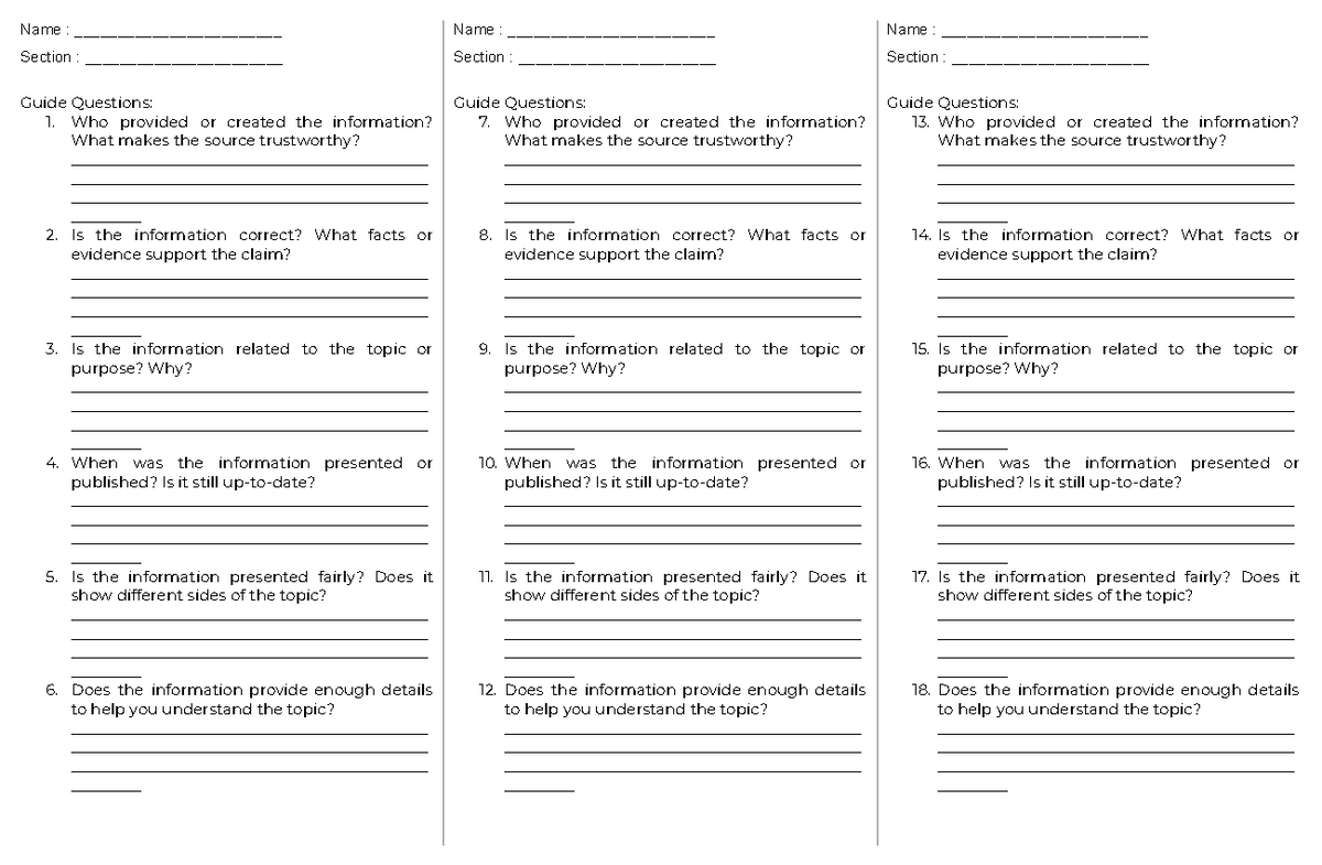 ENG 20 - Guide Questions for Evaluating Information Sources - Studocu