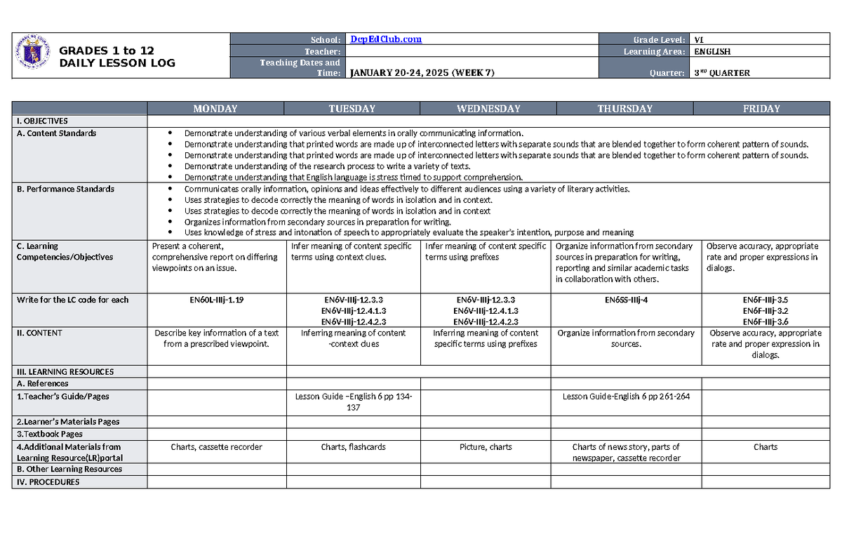 DLL English 6 Q3 W7 - Lesson Plan for Week 7 Activities - Studocu