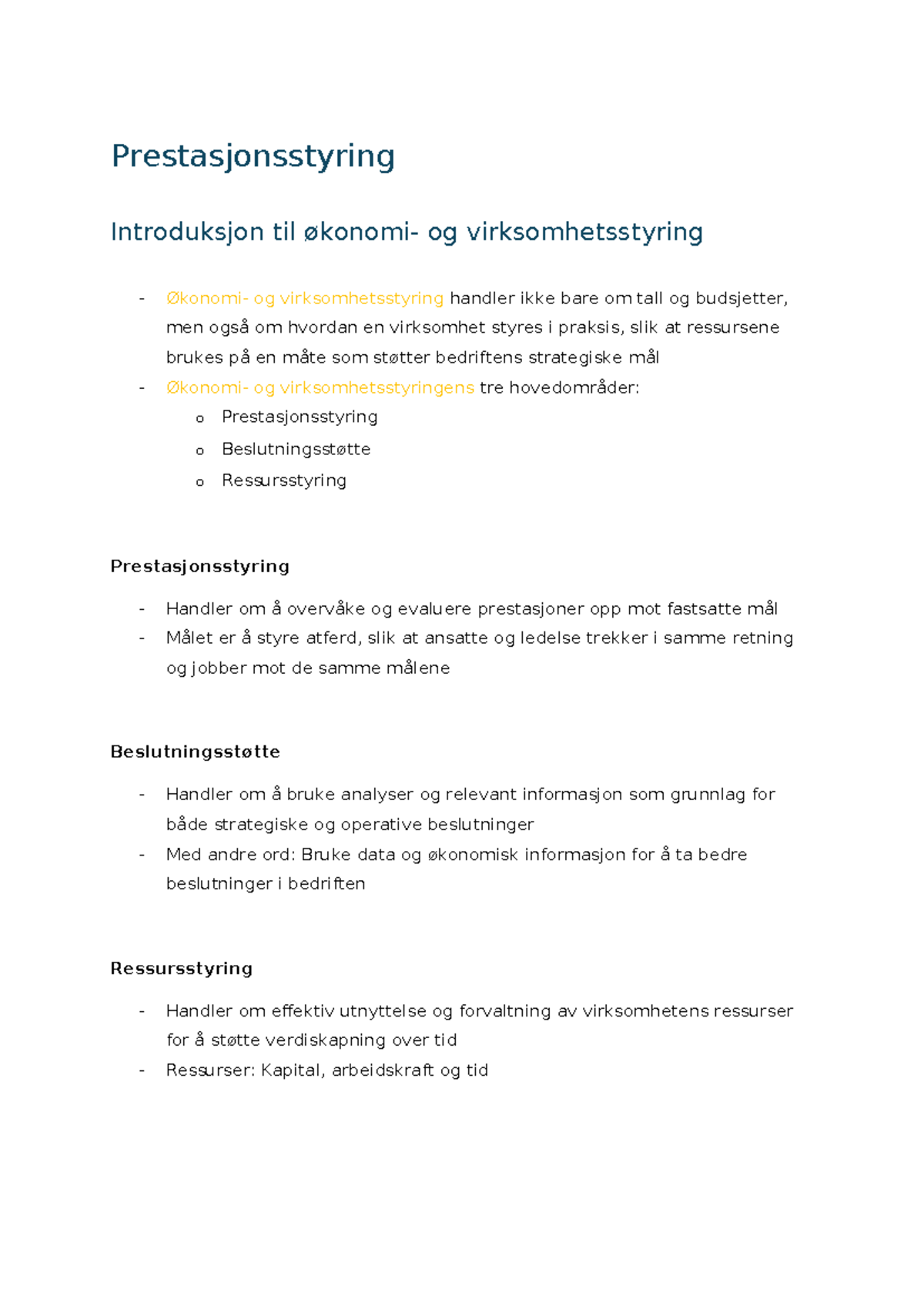 Prestasjonsstyring og Balansert Målstyring: En Introduksjon til - Studocu