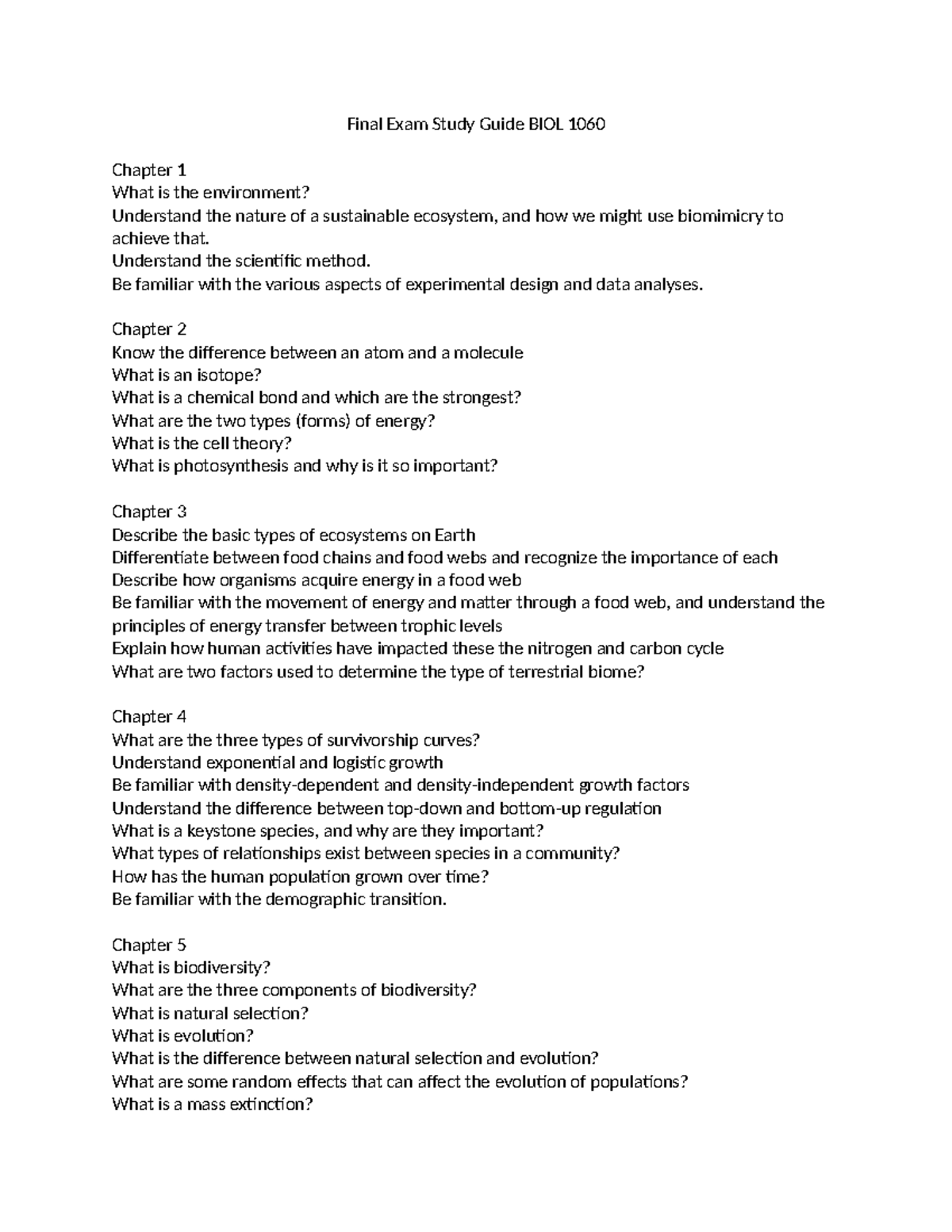 Final Exam Study Guide for BIOL 1060: Key Concepts and Topics - Final ...