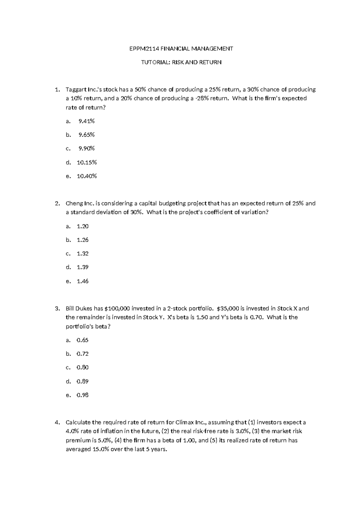EPPM2114 Financial Management Tutorial: Risk & Return Analysis - Studocu
