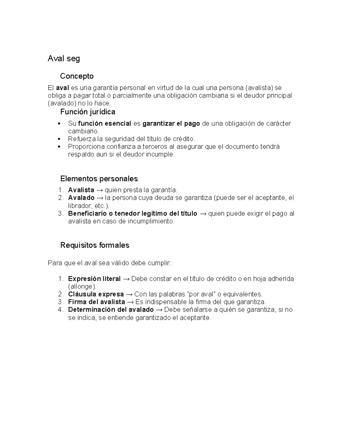 Aval: Función Jurídica, Elementos y Requisitos Formales - 001 - Studocu
