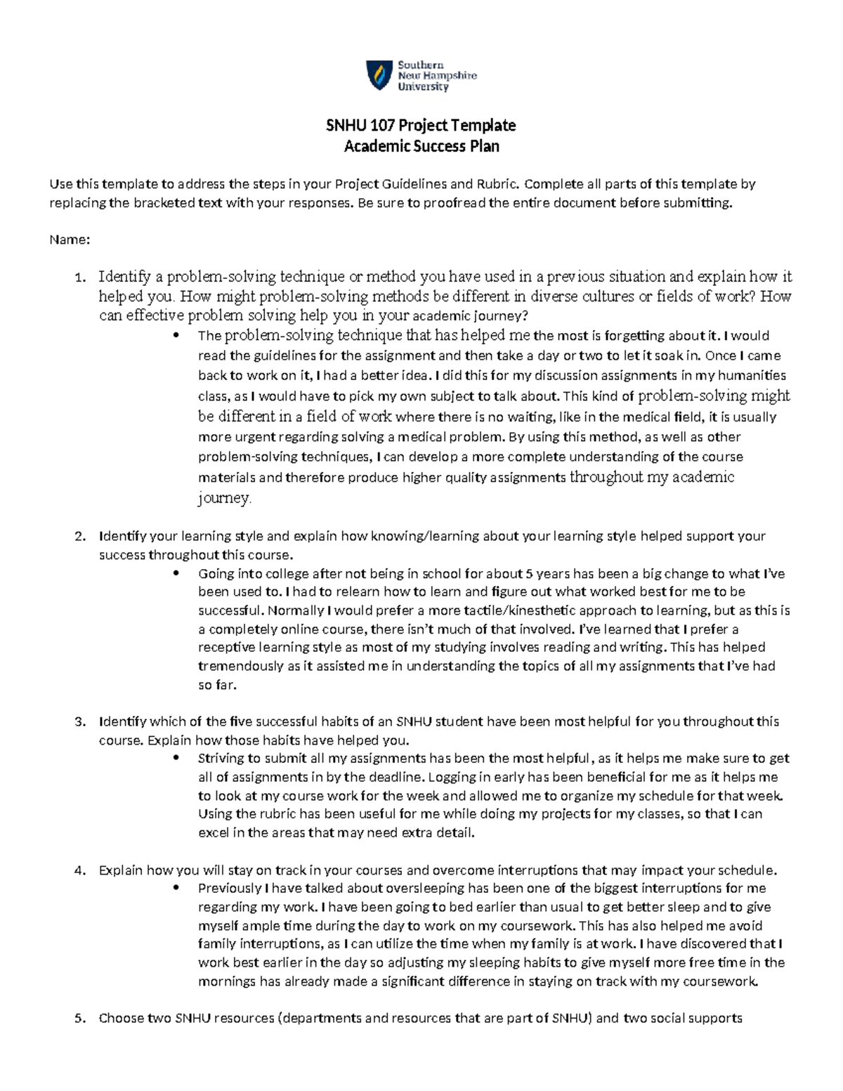 SNHU 107 Academic Success Plan Project Template - Studocu