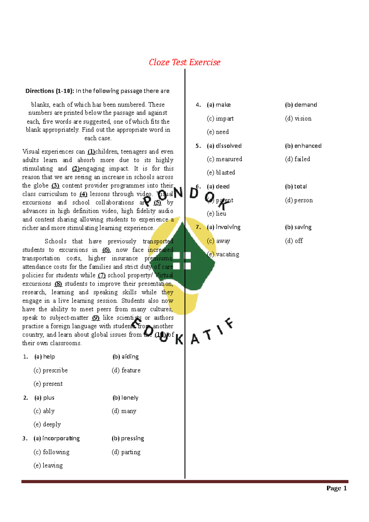 Cloze Test Exercises with Practice Questions and Answers - Studocu