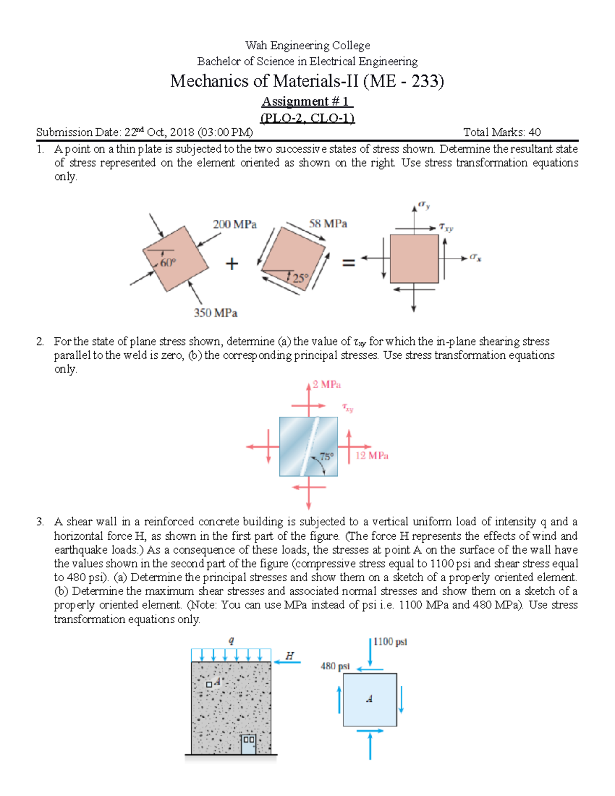 ME-233 Mechanics of Materials-II Practice Exam Questions - May 2019 ...