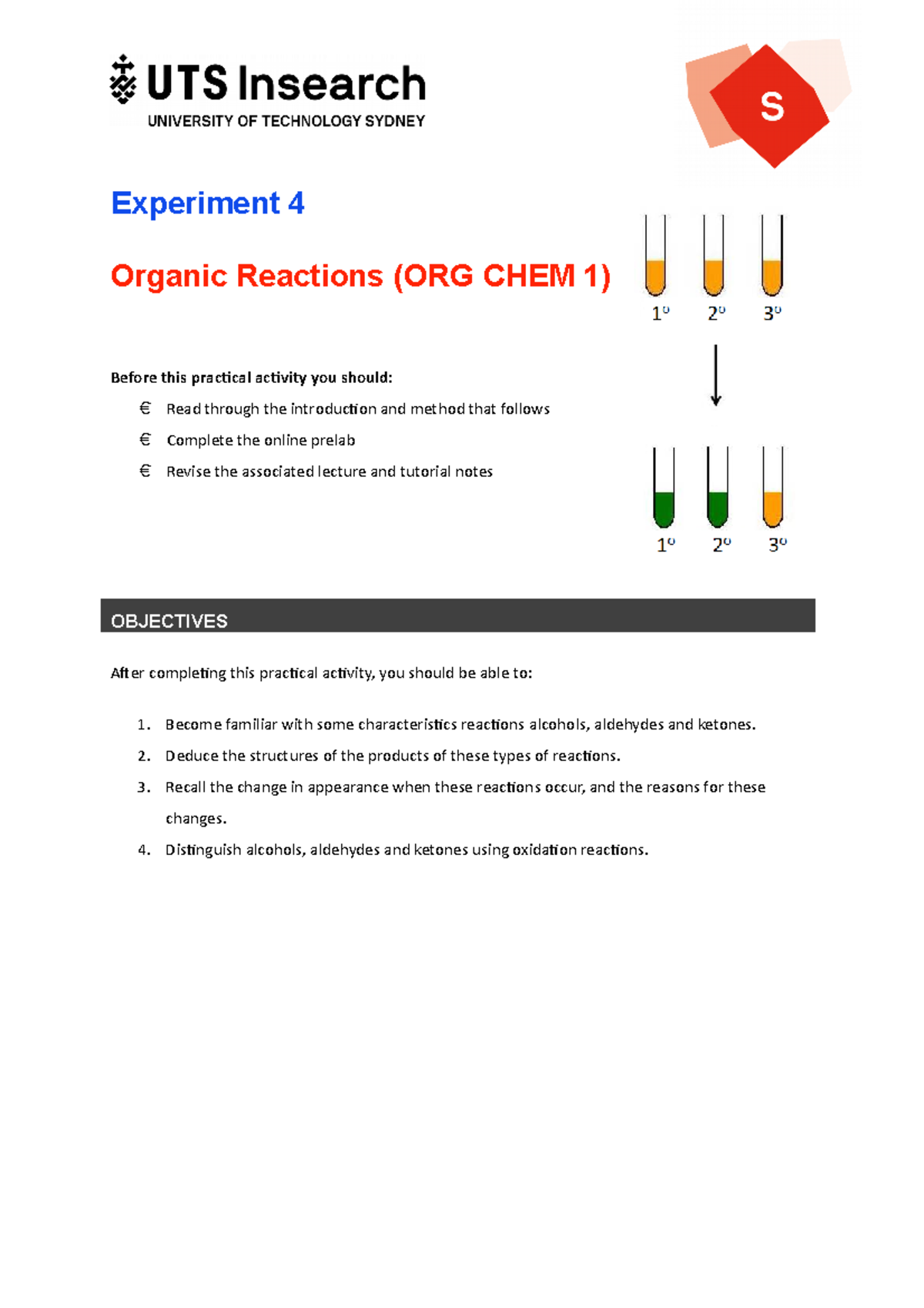 Organic Reactions Prac Notes (ORG CHEM 1) - Experiment 4 Guide - Studocu