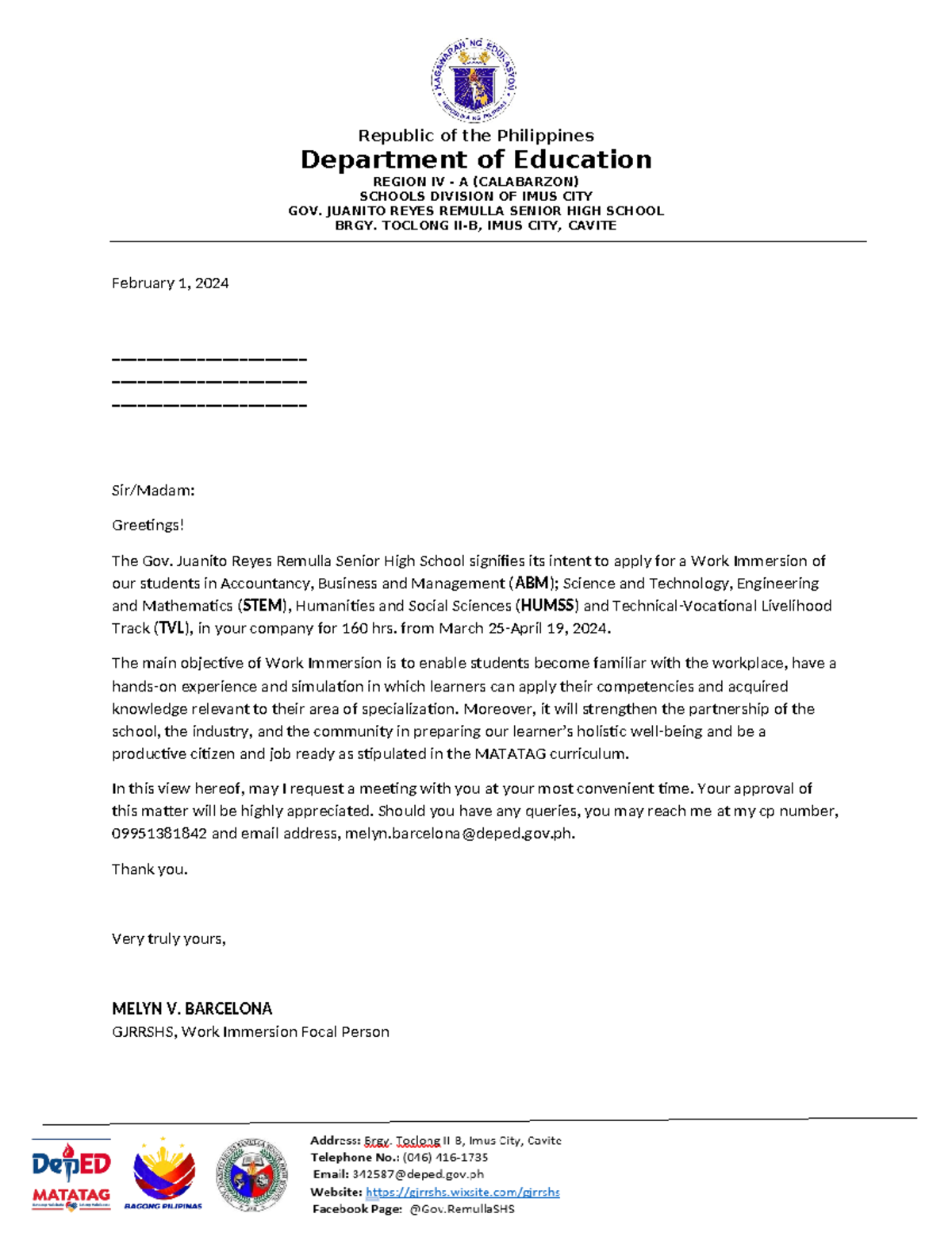 Letter of Intent for Work Immersion (ABM, STEM, HUMSS, TVL) - Studocu
