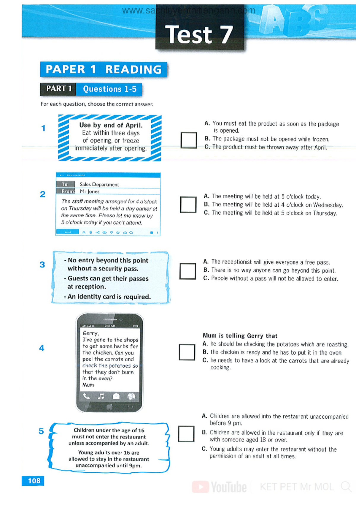 KET PET Test 7 Reading & Listening Practice Questions - Studocu