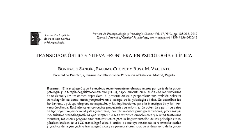 Transdiagnóstico: Nueva Frontera en Psicología Clínica (Vol. 17, N.º 3 ...