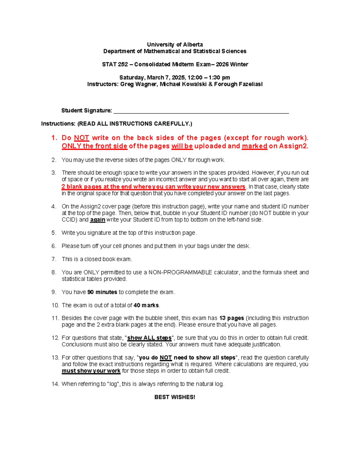 STAT 252 Midterm Exam Instructions - Winter 2026 - Studocu