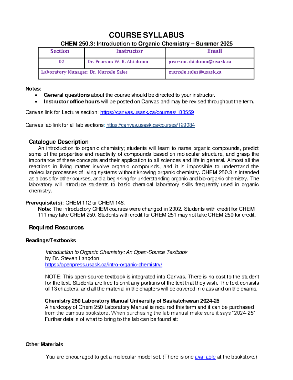 Chem 250.3 Syllabus: Intro to Organic Chemistry - Summer 2025 - Studocu
