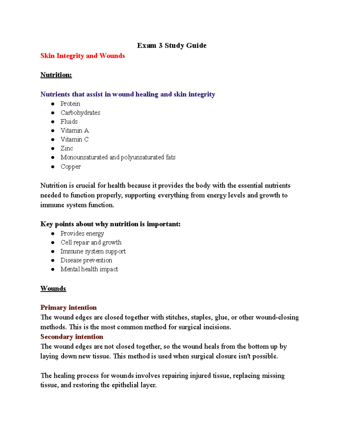 Exam 3 Study Guide: Skin Integrity, Wounds, and Nutritional Factors ...