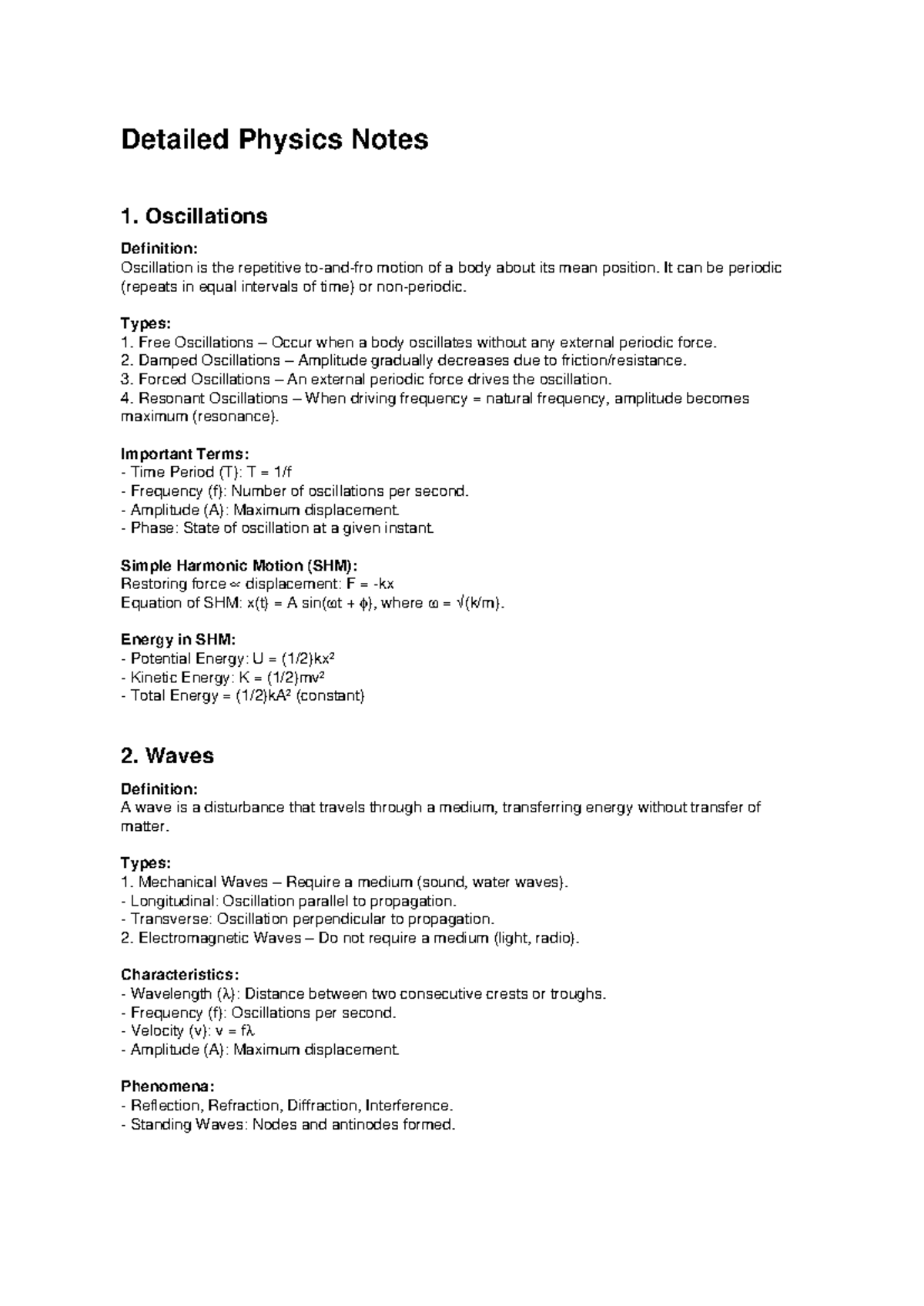 Physics Notes on Oscillations and Waves - Studocu