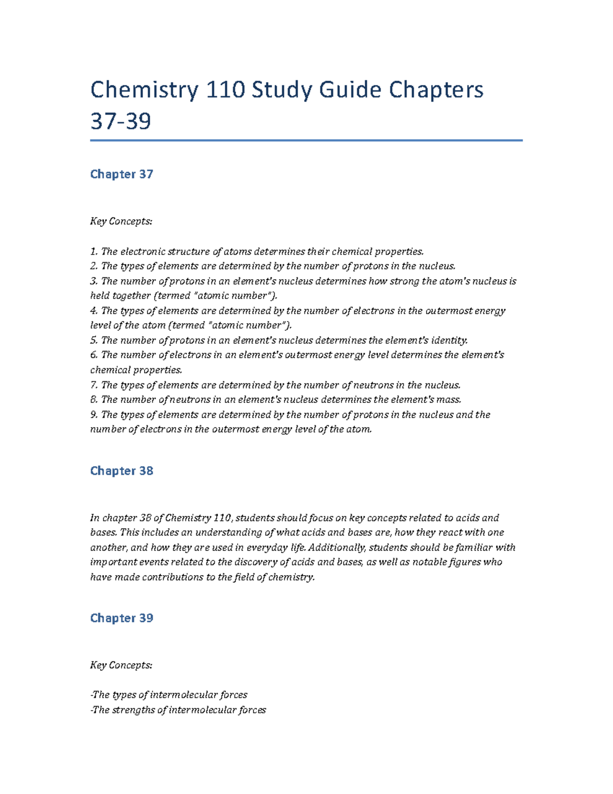 Chemistry 110 Study Guide: Key Concepts from Chapters 37-39 - Studocu
