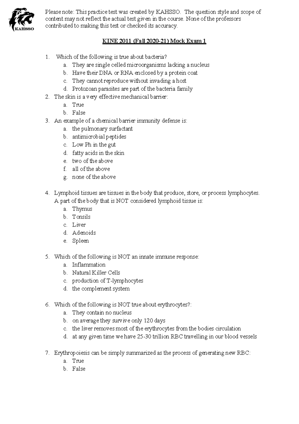 KINE 2011 Fall Mock Exam 1 - Practice Test Questions and Answers - Studocu