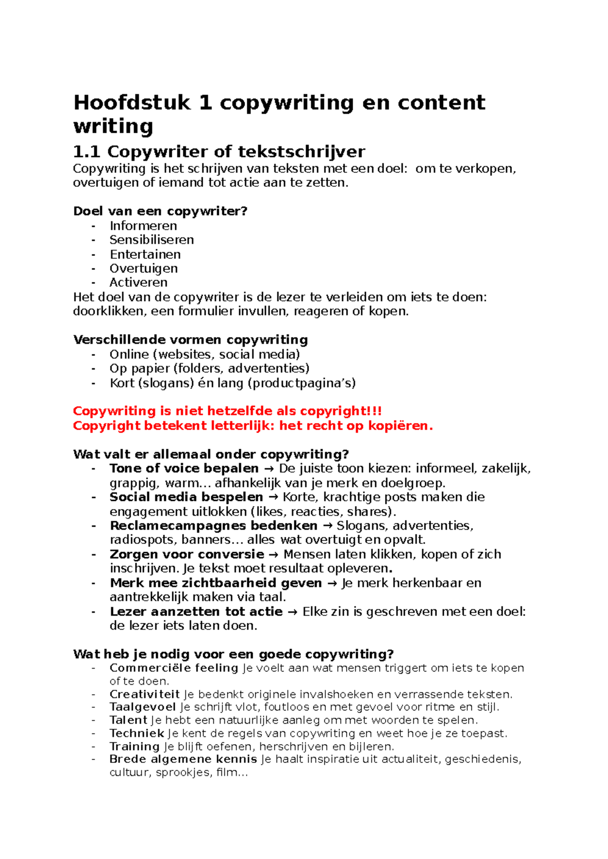 Hoofdstuk 1: Inleiding tot Copywriting en Content Writing (Test 1 ...