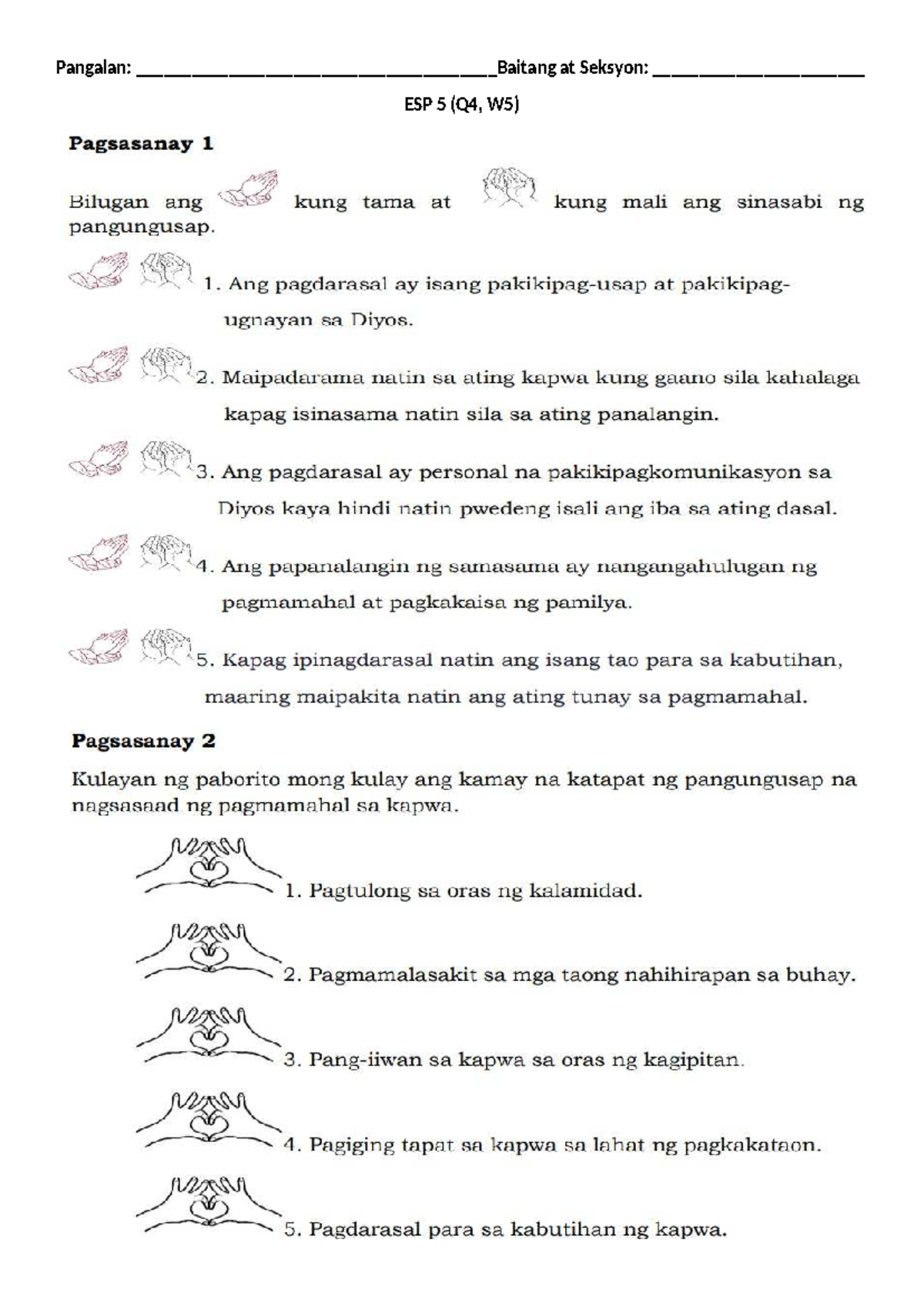 W5 - Quiz sa pagsasanay sa pagdarasal at pagmamahal sa kapwa - Studocu
