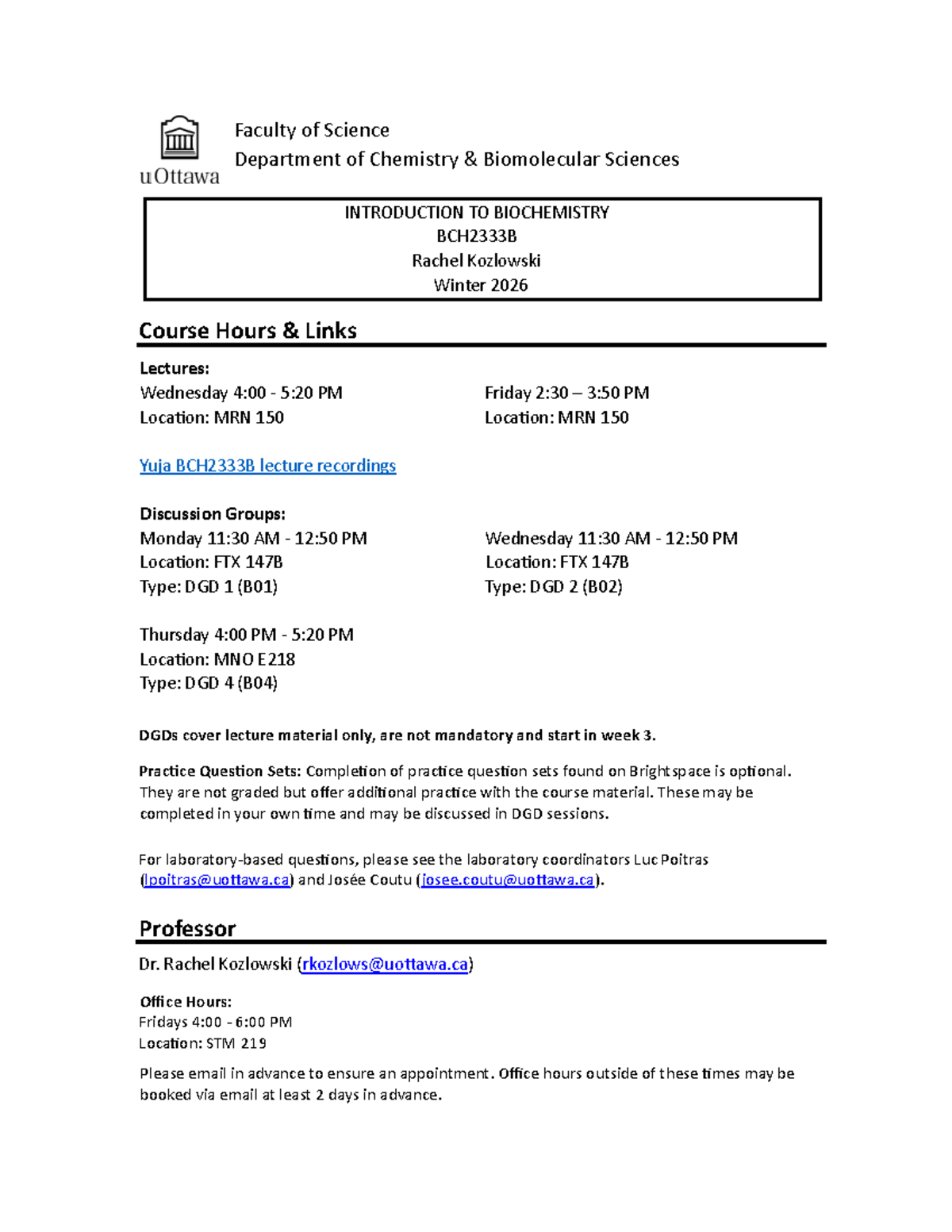 BCH2333 Introduction to Biochemistry Syllabus - Winter 2026 - Studocu