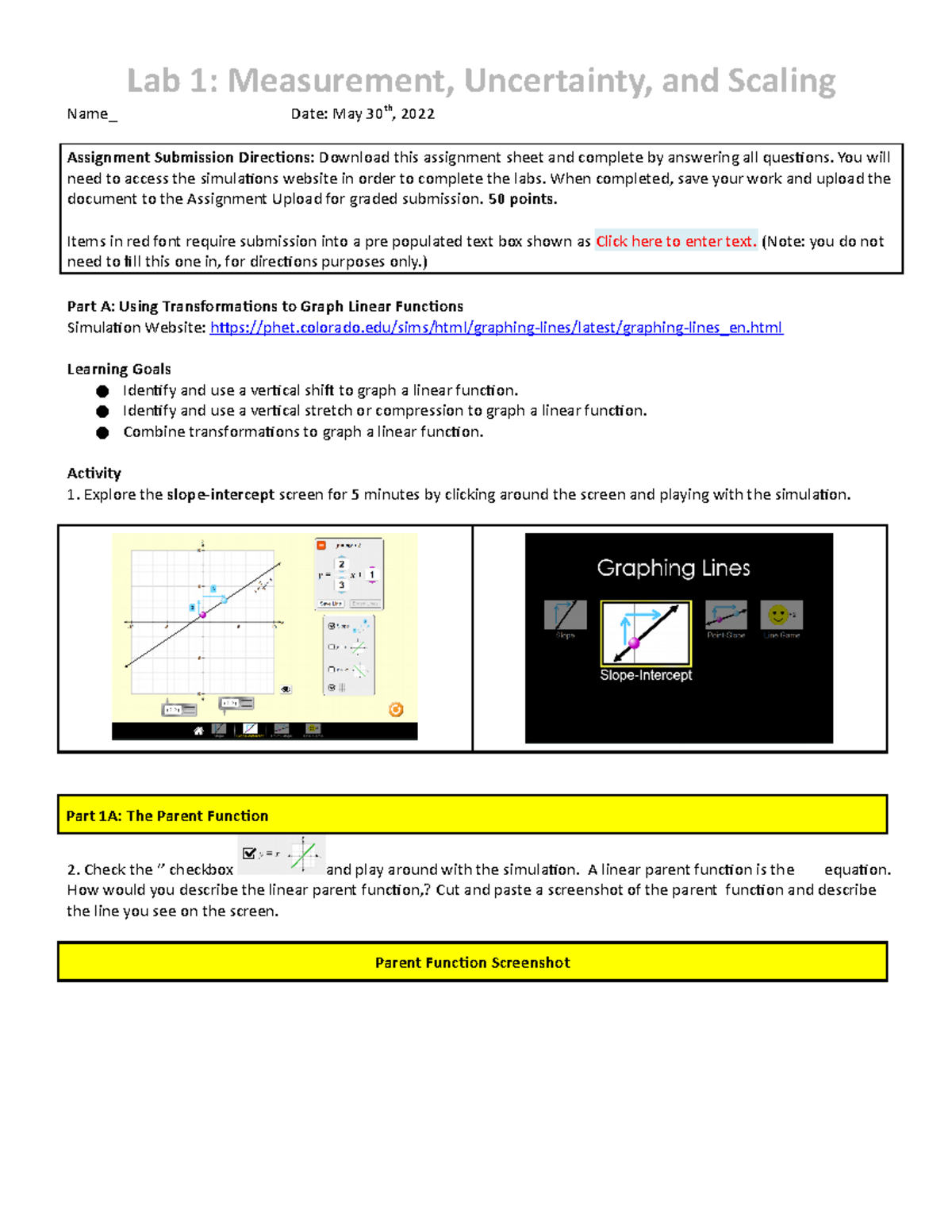 Lab 1: Transformations of Linear Functions - Activity Assignment 2022 ...