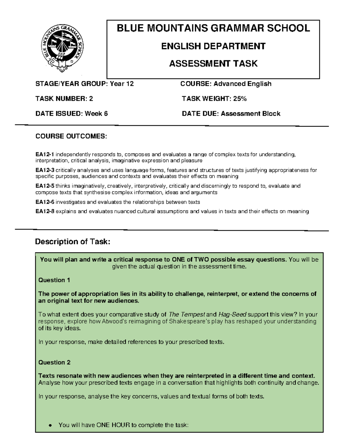 Year 12 Adv English Assessment Task 2: Critical Response on Texts - Studocu